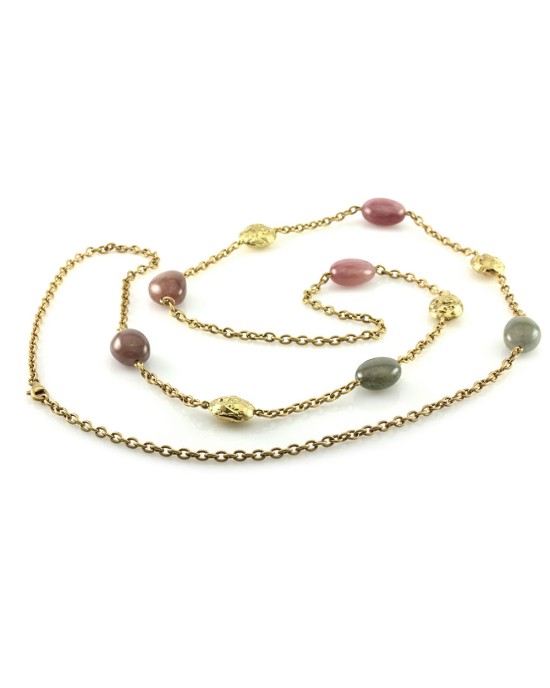 Yvel Sapphire & Textured Gold Bead Station Necklace in Yellow Gold